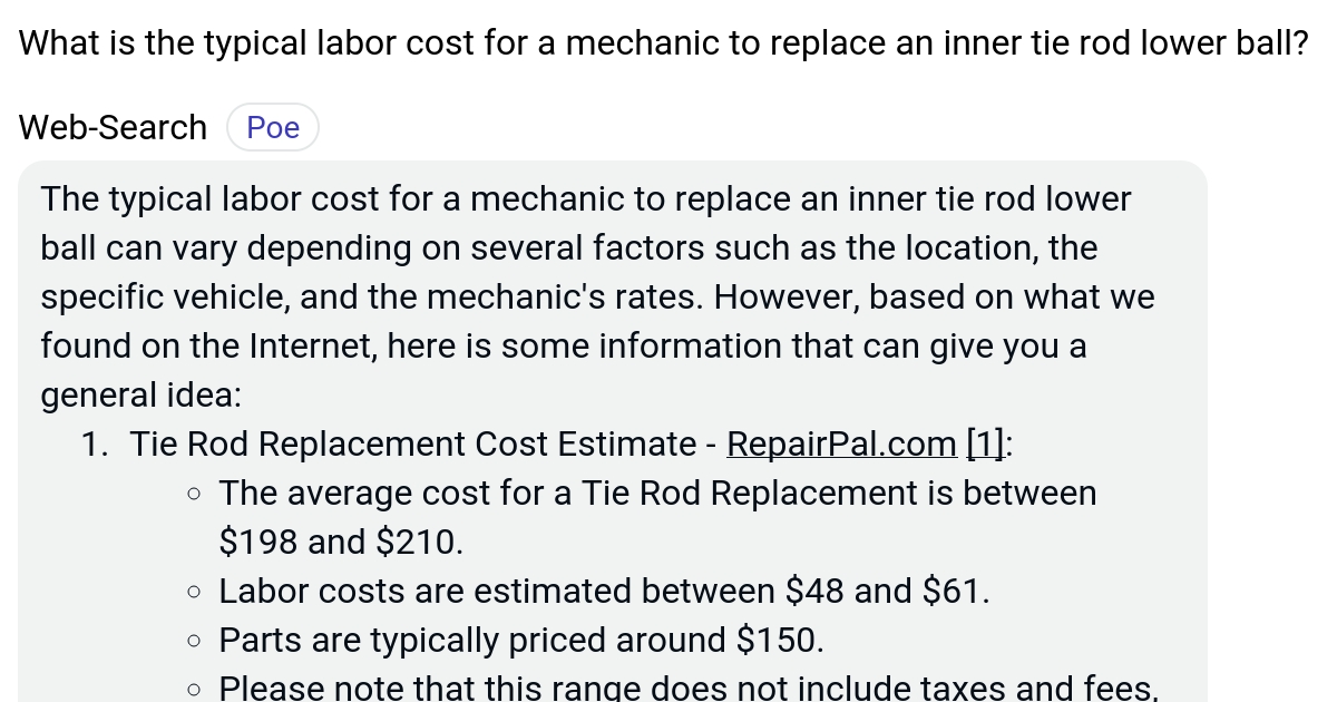 What is the typical labor cost for a mechanic to replace an inner tie