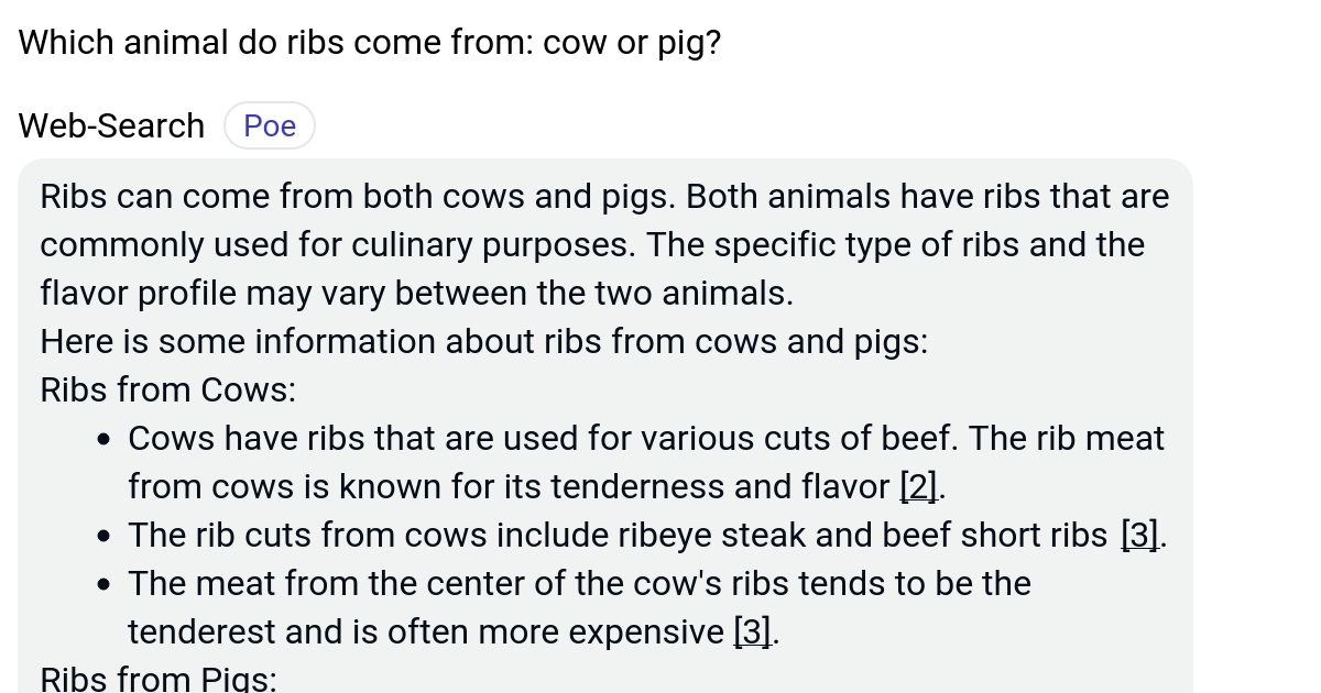 Which animal do ribs come from cow or pig? Poe