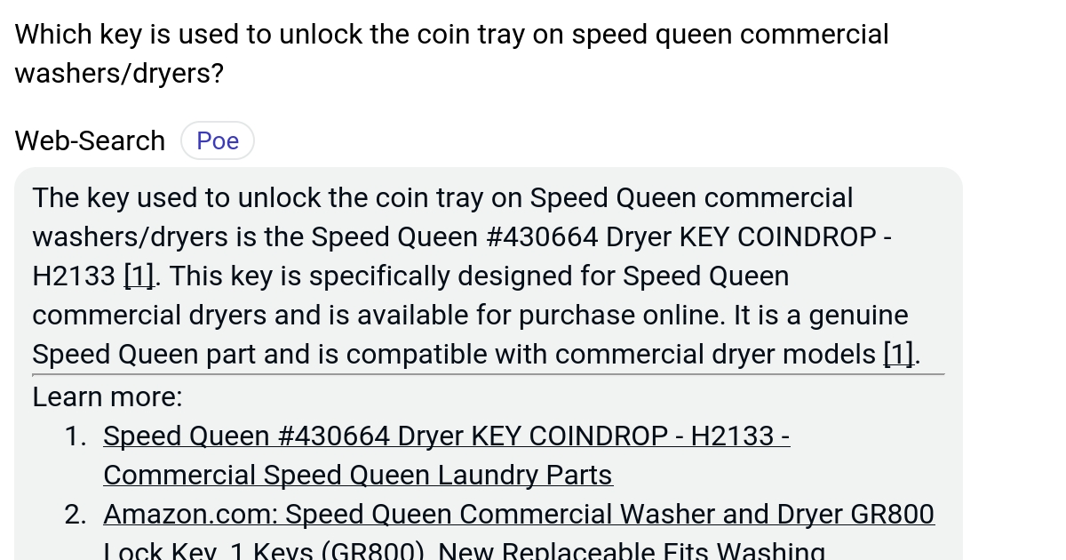 Which key is used to unlock the coin tray on speed queen commercial