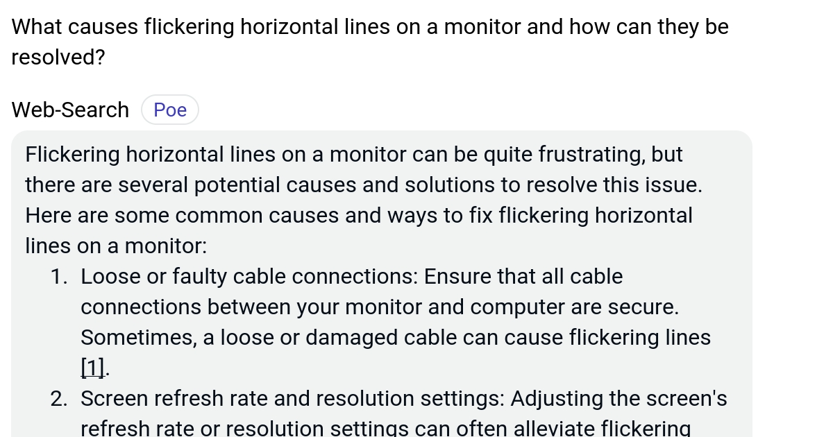What causes flickering horizontal lines on a monitor and how can they
