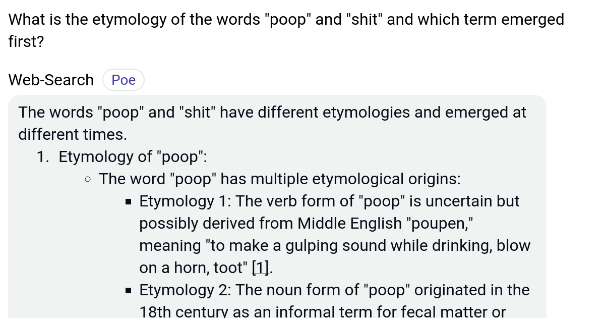 What is the etymology of the words "poop" and "shit" and which term
