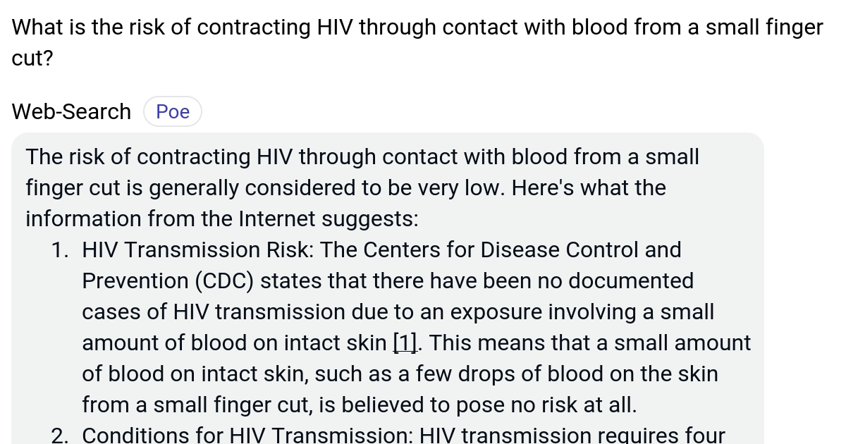 What is the risk of contracting HIV through contact with blood from a