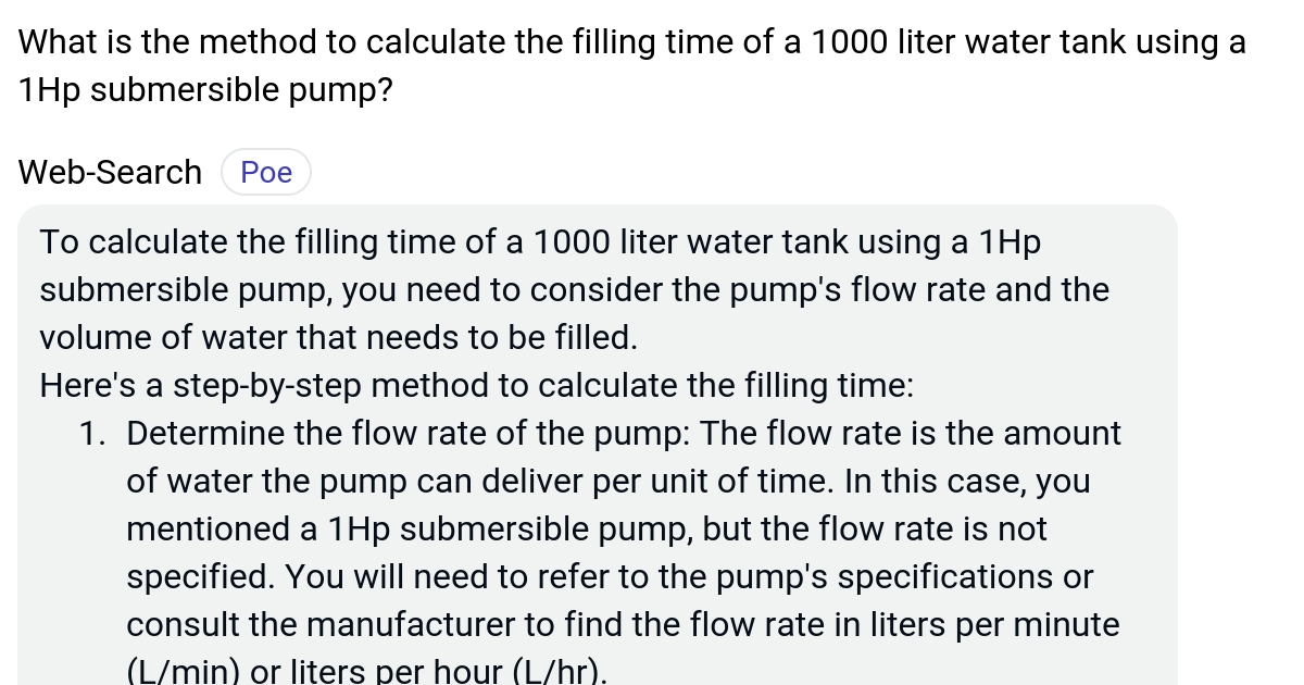 What is the method to calculate the filling time of a 1000 liter water