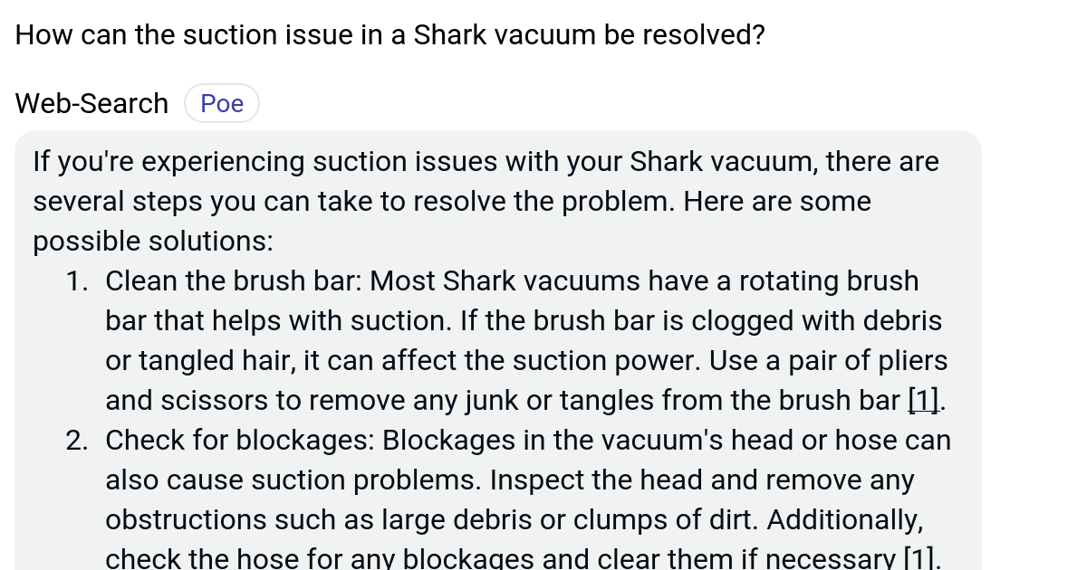 How can the suction issue in a Shark vacuum be resolved? Poe