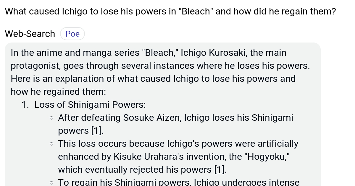 What caused Ichigo to lose his powers in "Bleach" and how did he regain