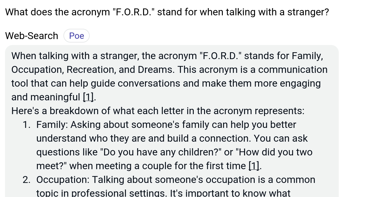 What does the acronym "F.O.R.D." stand for when talking with a stranger