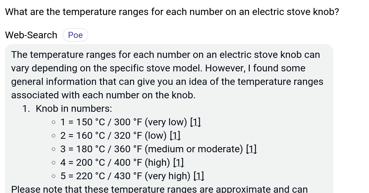 What are the temperature ranges for each number on an electric stove