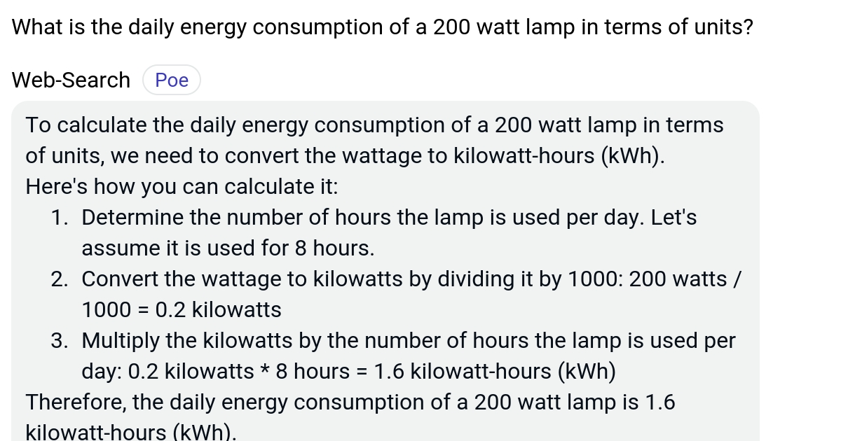 What is the daily energy consumption of a 200 watt lamp in terms of