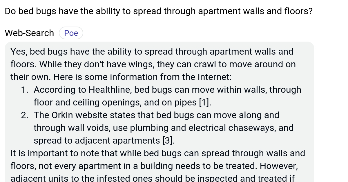 Do bed bugs have the ability to spread through apartment walls and floors? Poe