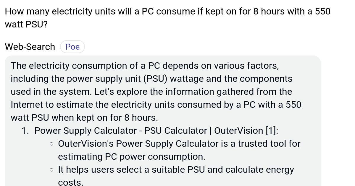 How many electricity units will a PC consume if kept on for 8 hours