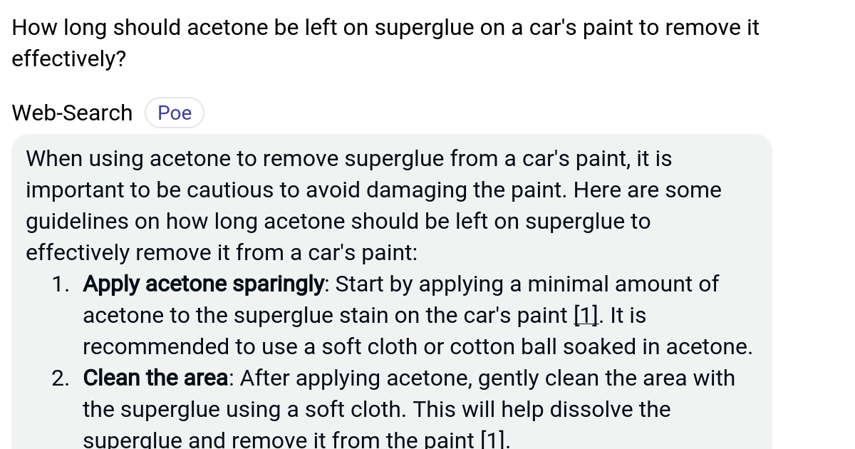 How long should acetone be left on superglue on a car's paint to remove it effectively? Poe