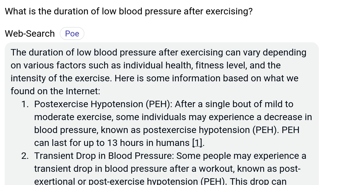 What is the duration of low blood pressure after exercising? Poe