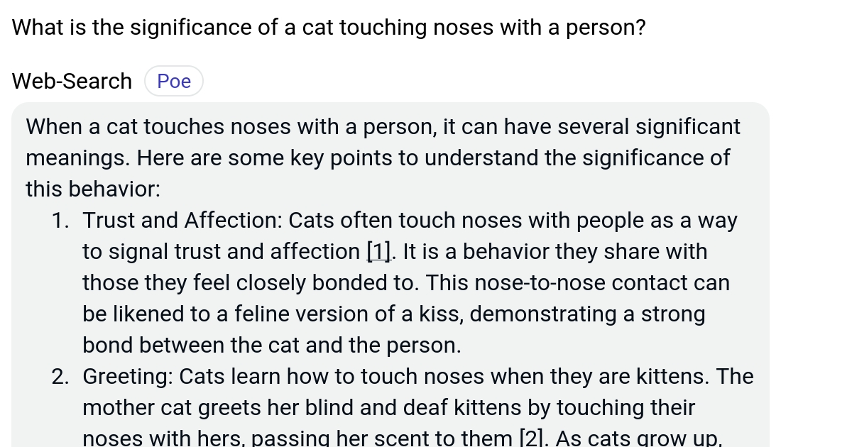 What is the significance of a cat touching noses with a person? Poe
