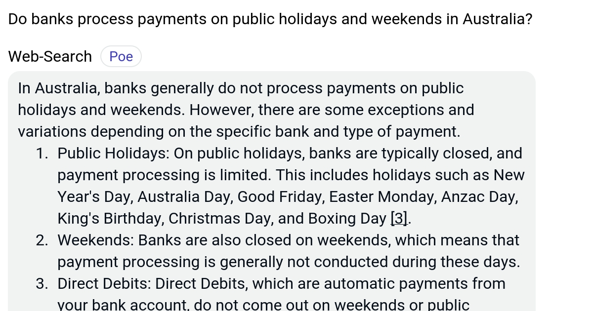 Do banks process payments on public holidays and weekends in Australia