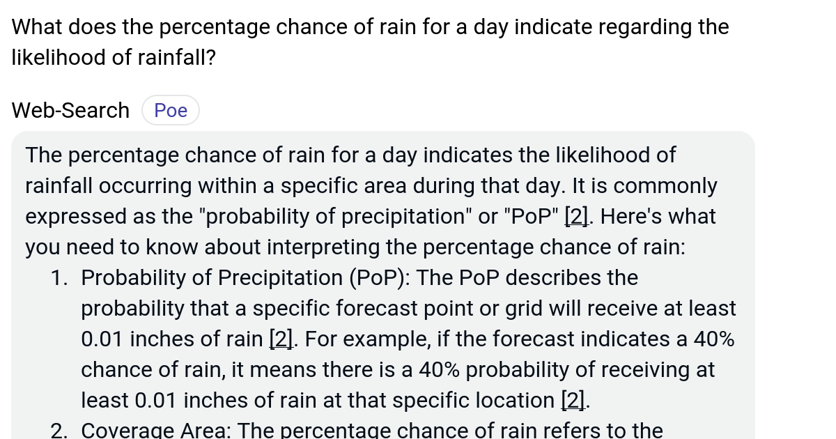 What does the percentage chance of rain for a day indicate regarding