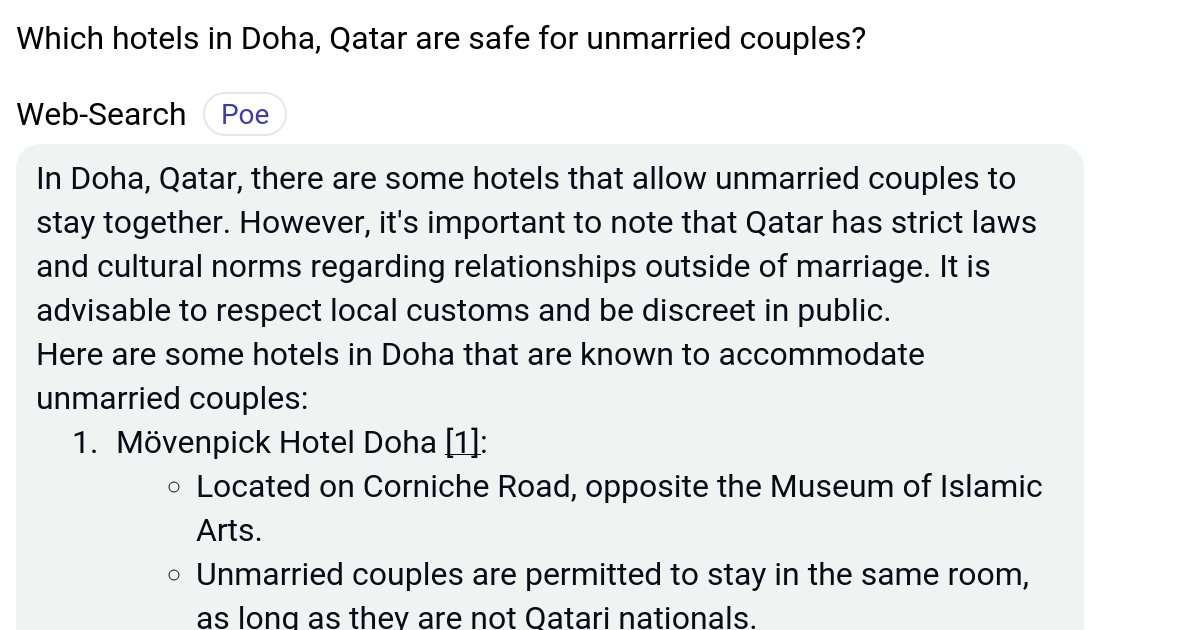 Which hotels in Doha, Qatar are safe for unmarried couples? Poe