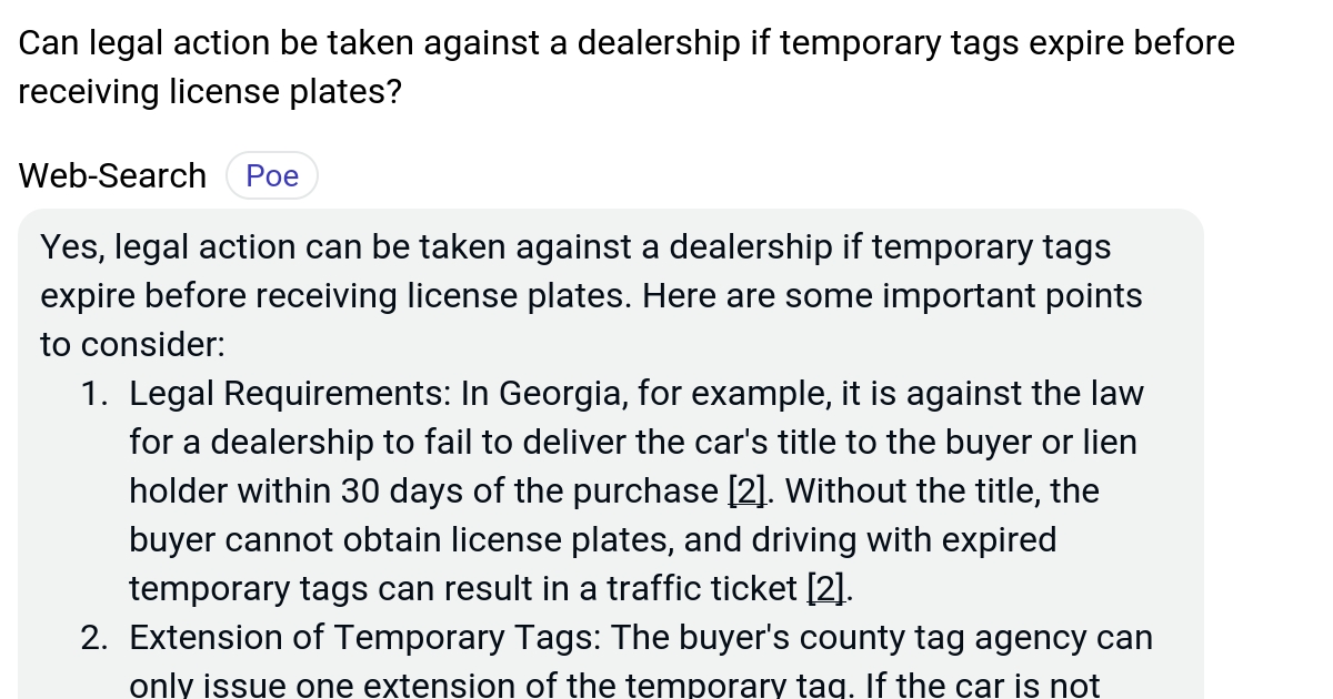 Can legal action be taken against a dealership if temporary tags expire before receiving license
