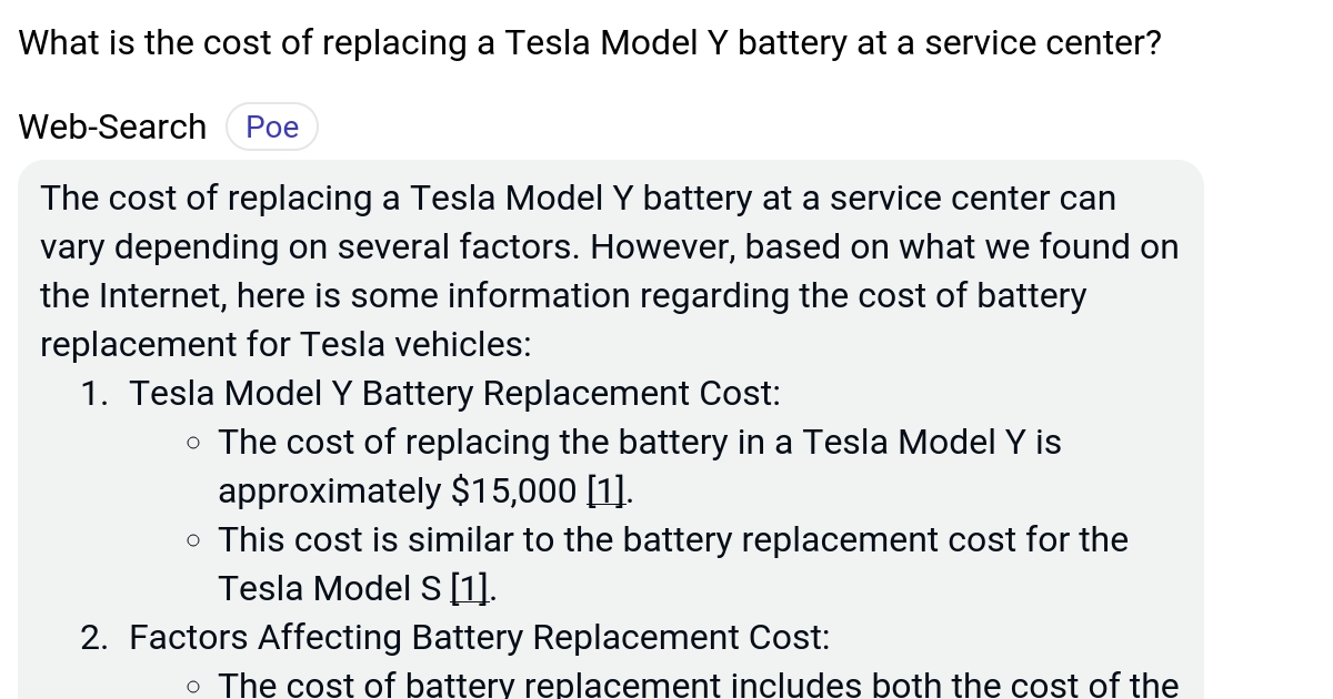 What is the cost of replacing a Tesla Model Y battery at a service