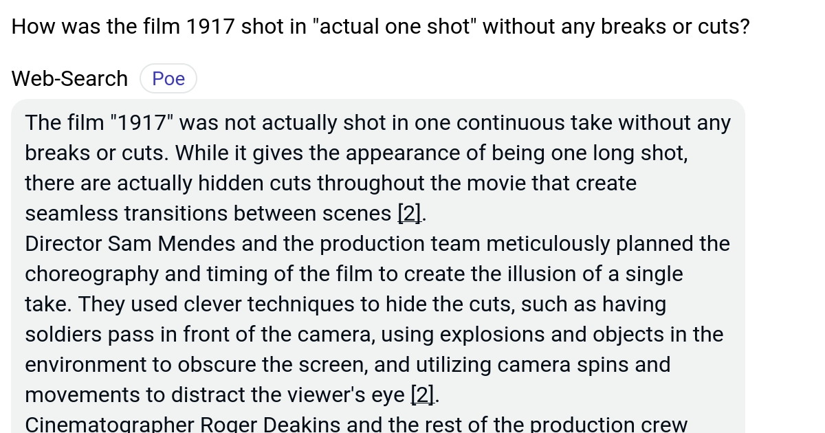 How was the film 1917 shot in "actual one shot" without any breaks or