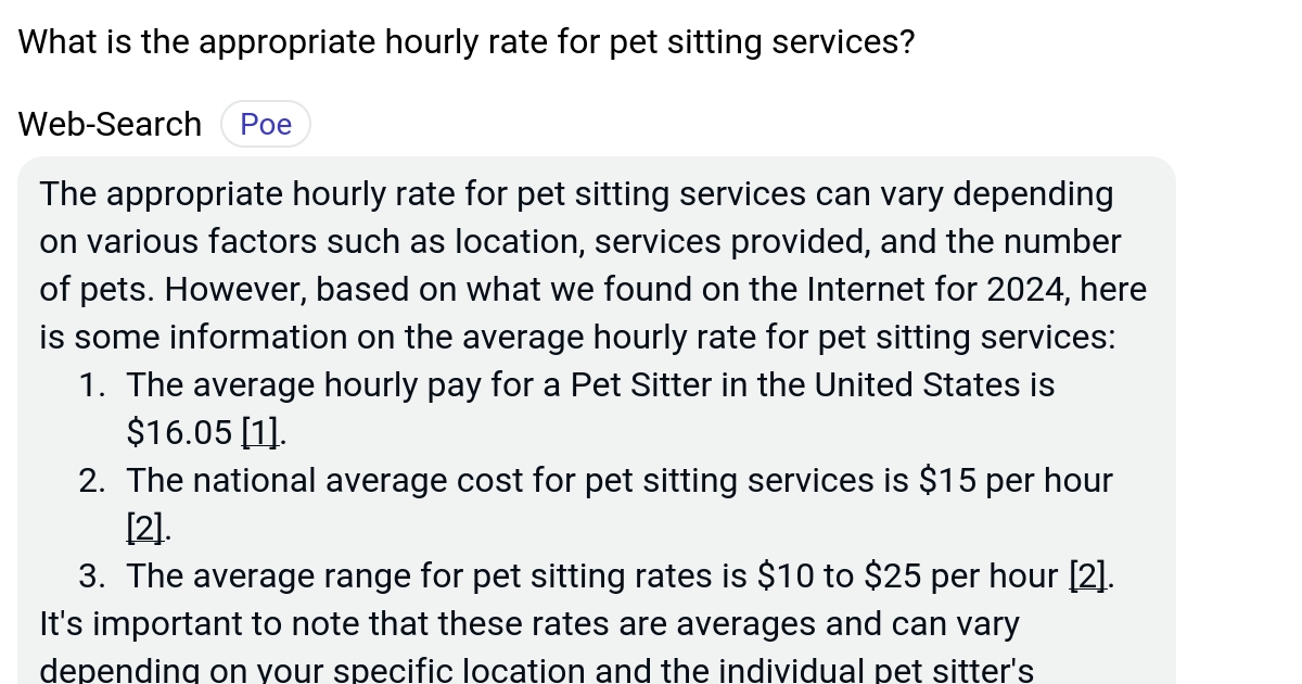 What is the appropriate hourly rate for pet sitting services? Poe