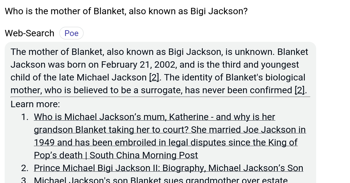 Who is the mother of Blanket, also known as Bigi Jackson? Poe