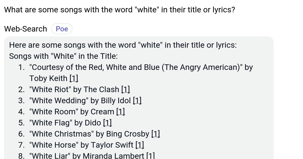 What are some songs with the word "white" in their title or lyrics? Poe