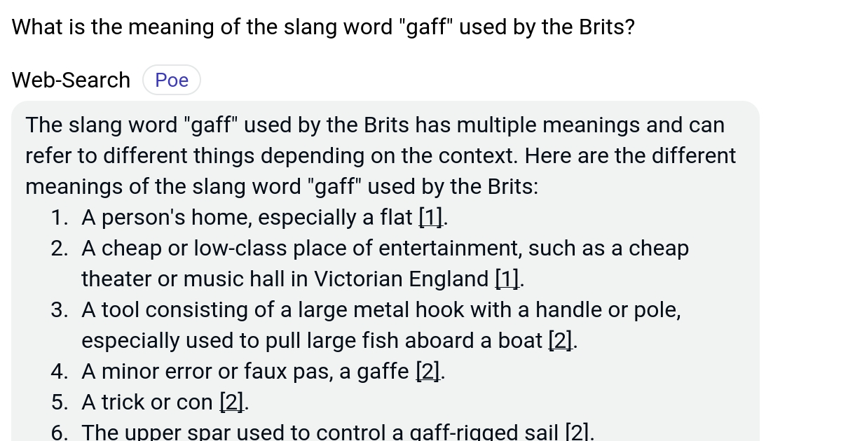 What is the meaning of the slang word "gaff" used by the Brits? Poe