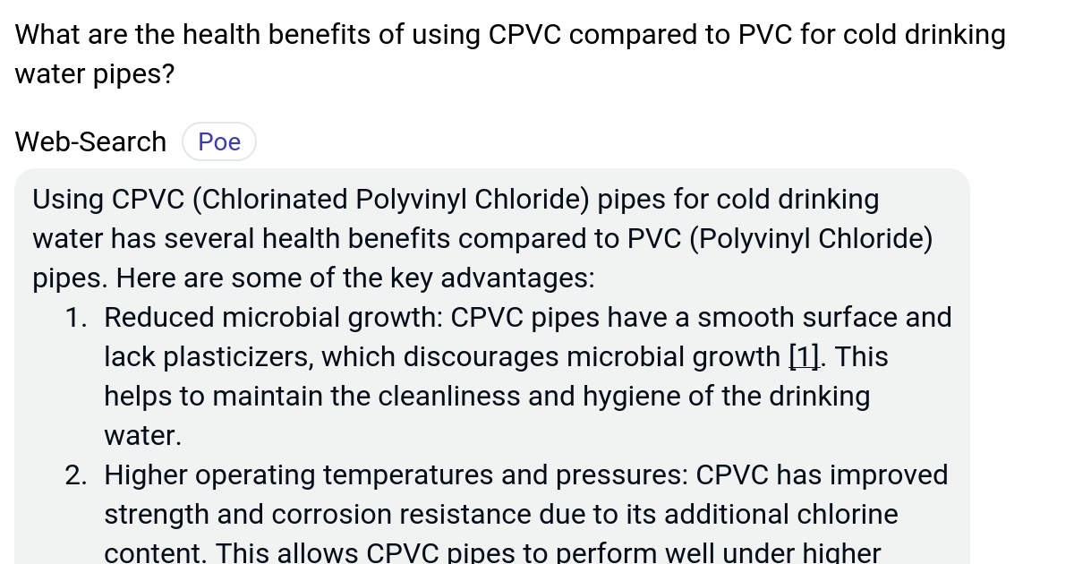 What are the health benefits of using CPVC compared to PVC for cold