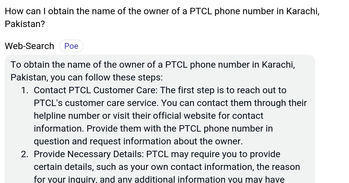 How can I obtain the name of the owner of a PTCL phone number in