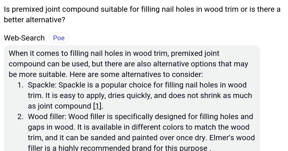 Is premixed joint compound suitable for filling nail holes in wood trim