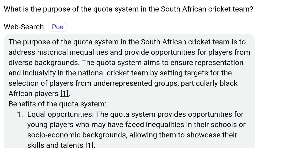 What is the purpose of the quota system in the South African cricket