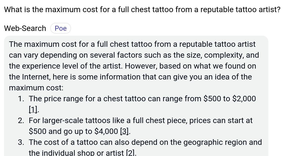 What is the maximum cost for a full chest tattoo from a reputable tattoo artist? Poe