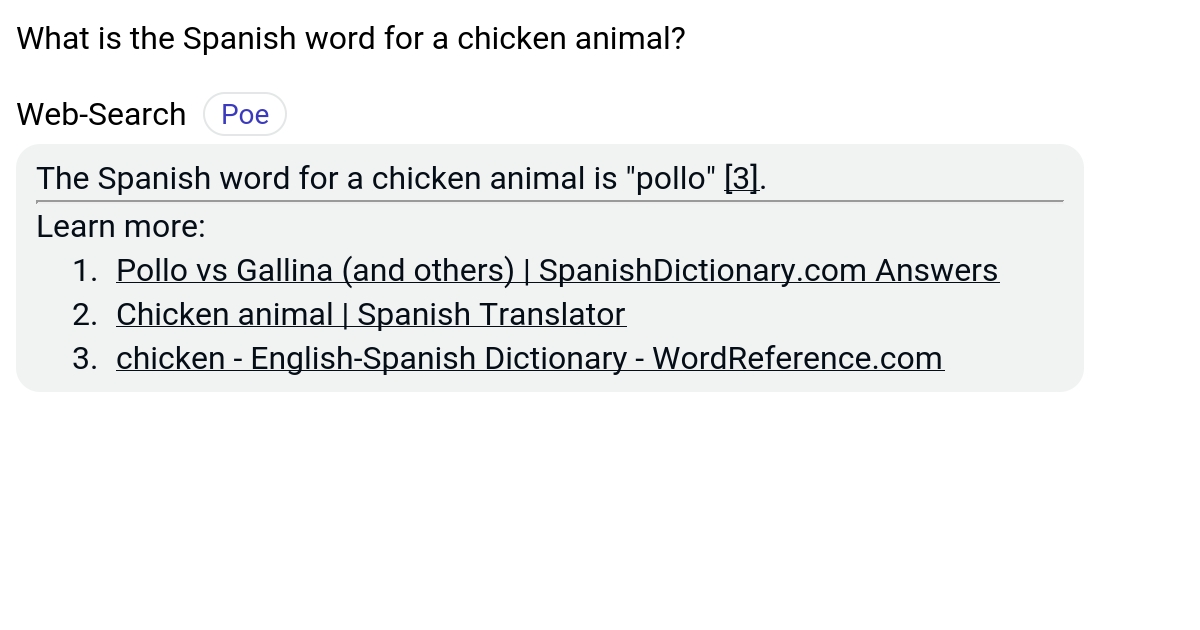 What is the Spanish word for a chicken animal? Poe
