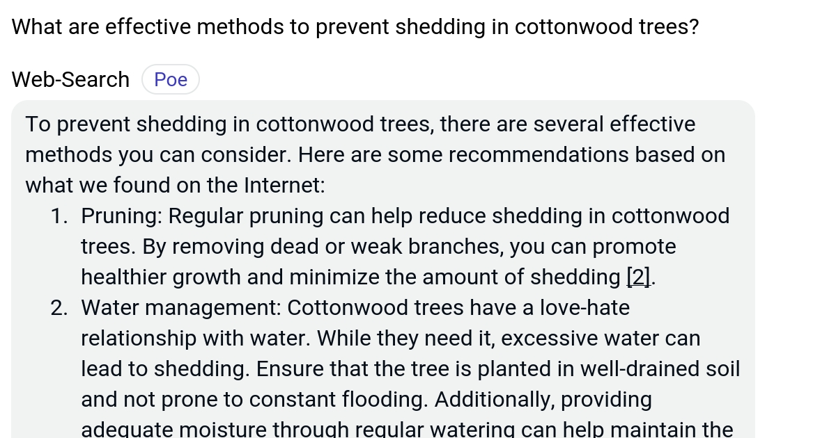 What are effective methods to prevent shedding in cottonwood trees? Poe