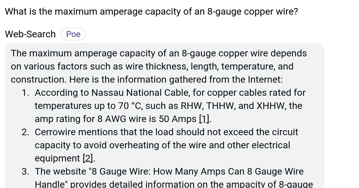 What is the maximum amperage capacity of an 8gauge copper wire? Poe