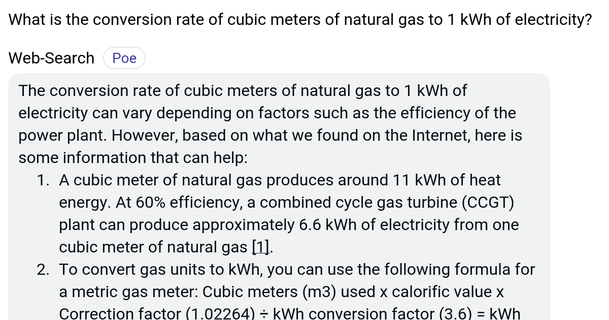 What is the conversion rate of cubic meters of natural gas to 1 kWh of