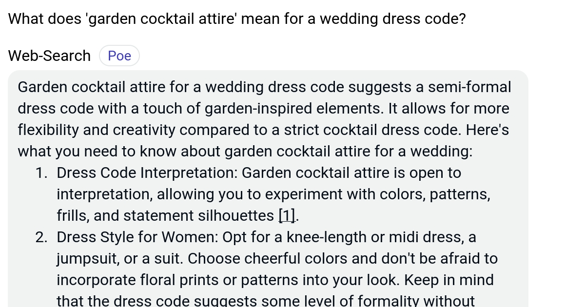 What does 'garden cocktail attire' mean for a wedding dress code? Poe