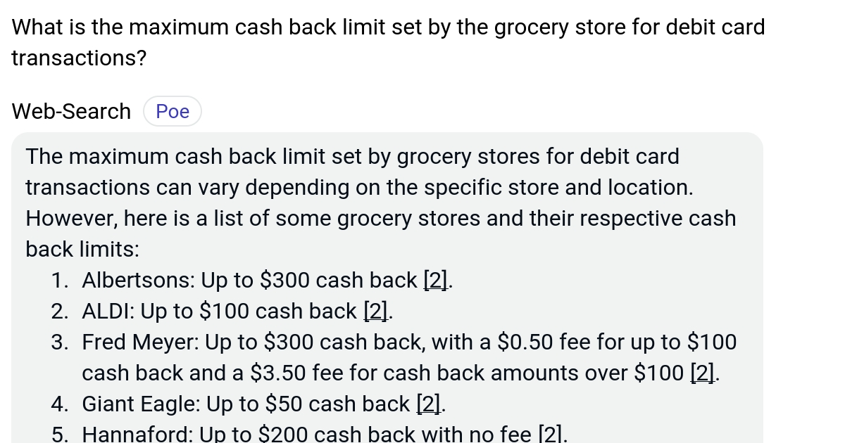 What is the maximum cash back limit set by the grocery store for debit card transactions? Poe