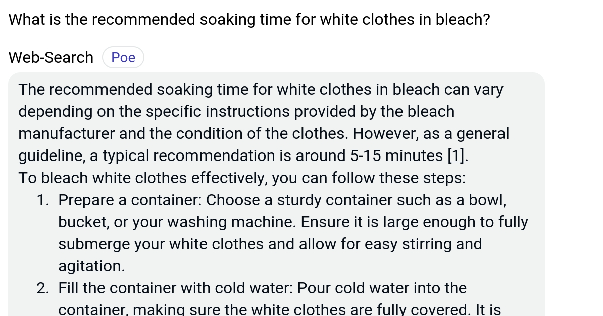 What is the soaking time for white clothes in bleach? Poe