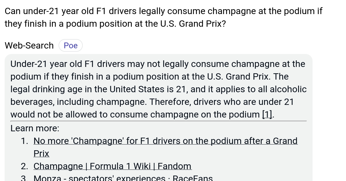Can under21 year old F1 drivers legally consume champagne at the