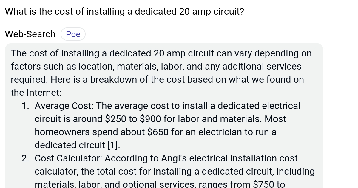 What is the cost of installing a dedicated 20 amp circuit? Poe