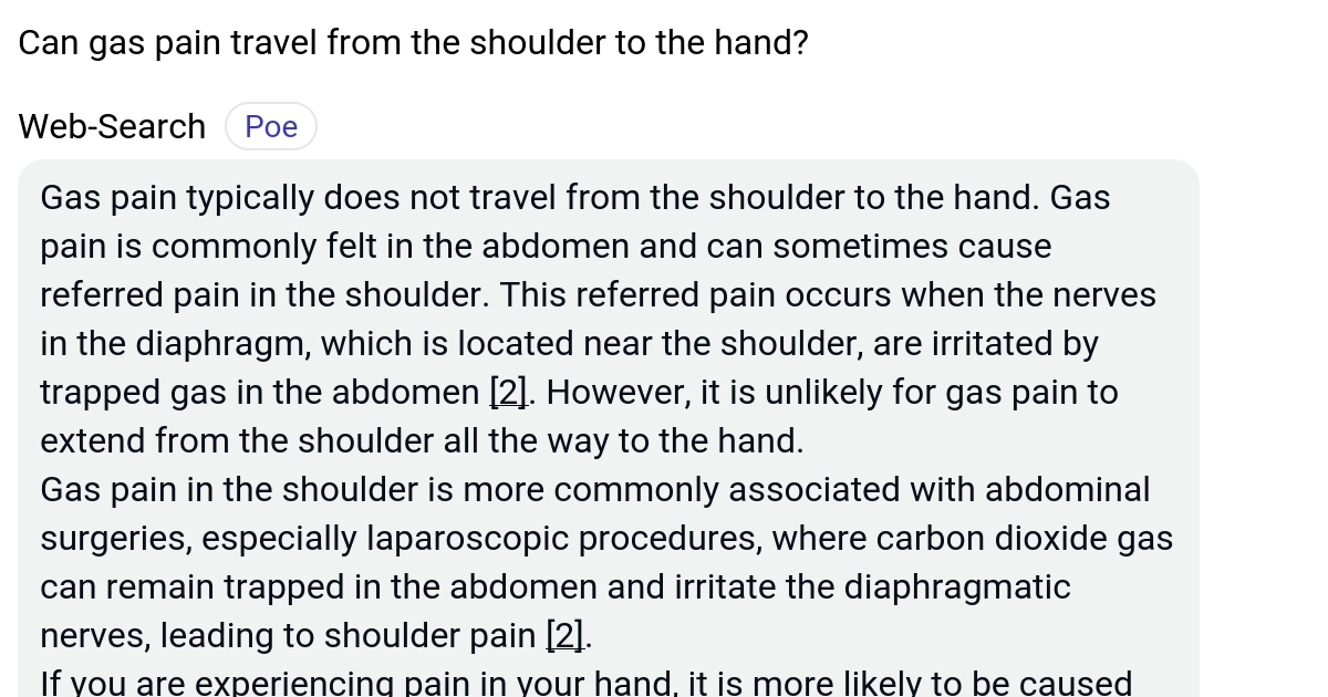 Can gas pain travel from the shoulder to the hand? Poe