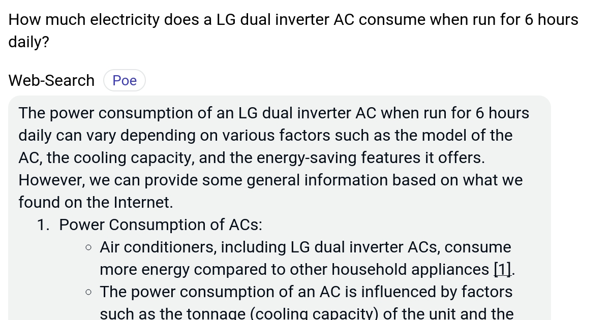 How much electricity does a LG dual inverter AC consume when run for 6