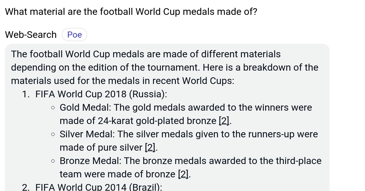 What material are the football World Cup medals made of? Poe