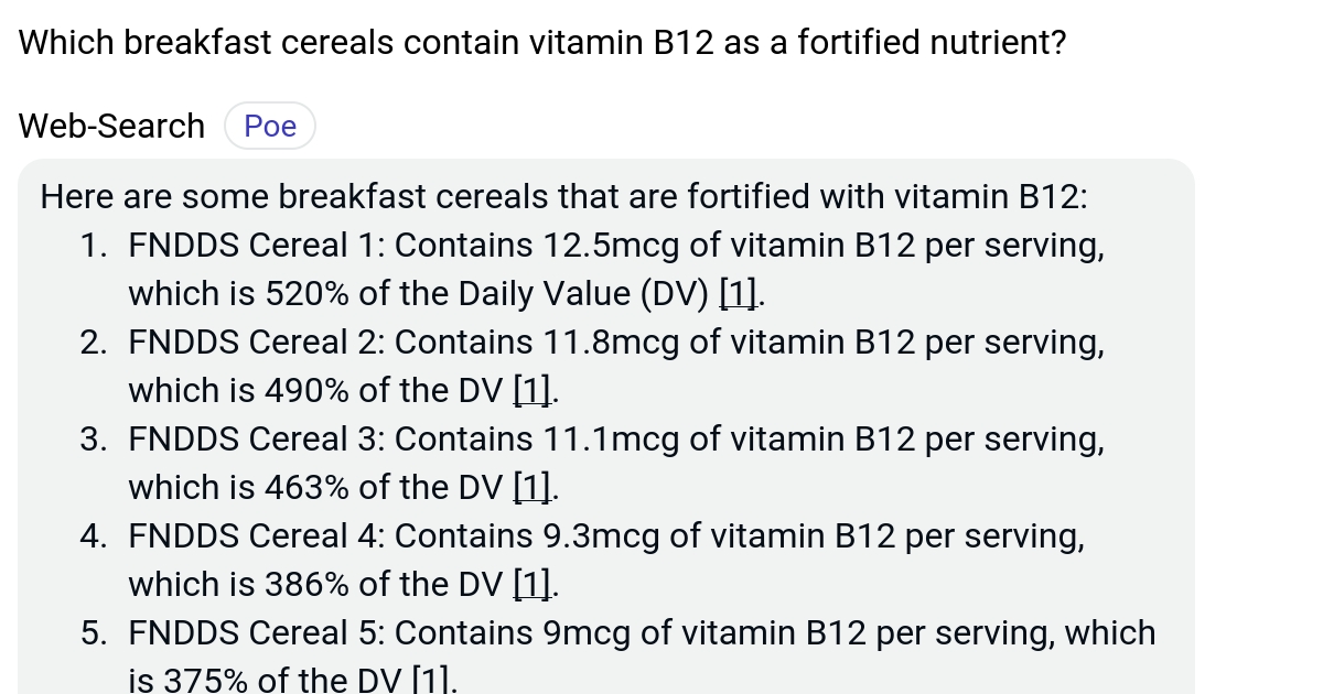 Which breakfast cereals contain vitamin B12 as a fortified nutrient? Poe
