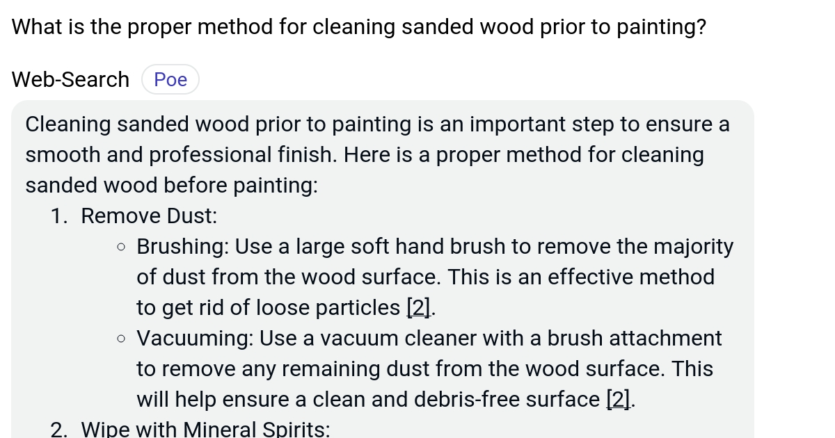 What is the proper method for cleaning sanded wood prior to painting? Poe