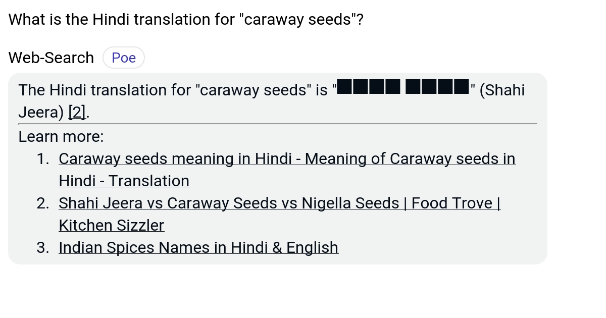 What is the Hindi translation for "caraway seeds"? Poe