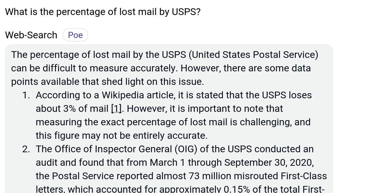 What is the percentage of lost mail by USPS? Poe