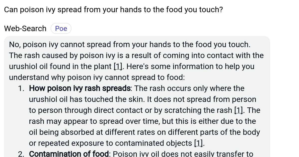 Can poison ivy spread from your hands to the food you touch? Poe