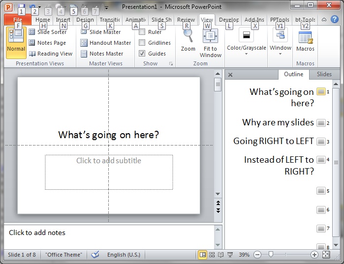 Slide sorter displays slides from right to left